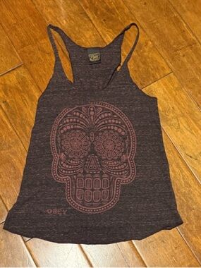 Obey Pink/Brown Heather Racerback Tank with Maroon Skull Small